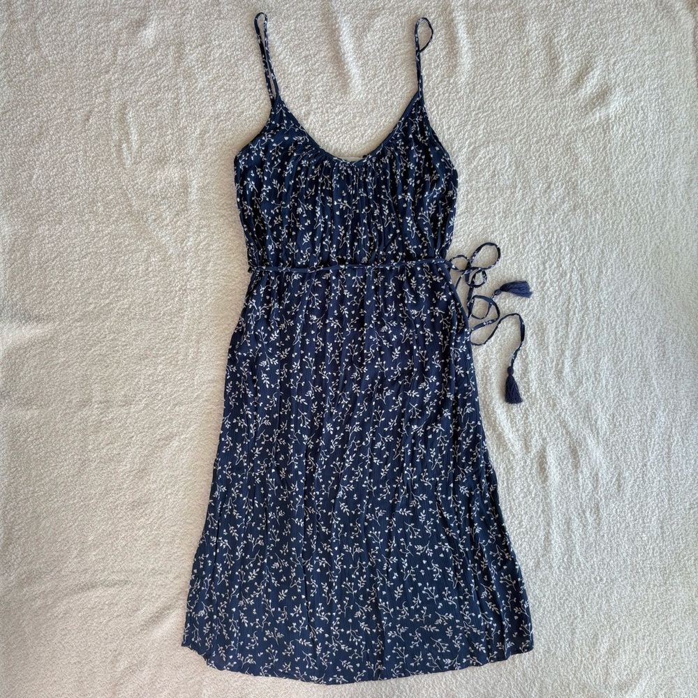 H&M Navy Floral Dress with Belt Tassel and Spaghetti Straps